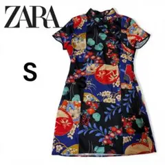 【美品】ZARA チャイナ風ワンピ 鶴柄 花柄 y2k S