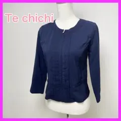 【綺麗】 テチチ ノーカラー ジャケット ピンタック ネイビー 八分袖のサムネイル
