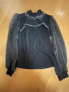 【値下げ！】ラウンストーン装飾 シースルー袖 ハイネック トップス