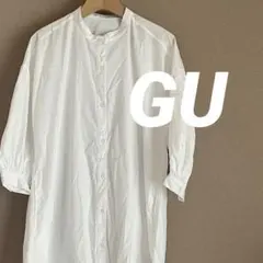 GU バンドカラーシャツワンピース ホワイト ロングシャツワンピース M 七分袖