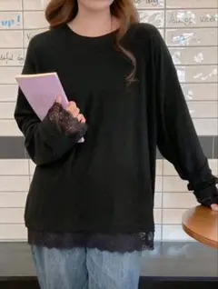 シーイン デイジー コントラストレース シンプル 無地 ラウンドネック ブラック