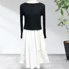 リブニットトップスとフレアスカートのドッキングワンピース✨