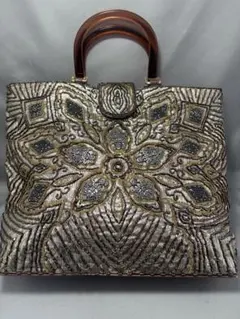 【昭和レトロ】刺繍入りビーズゴールドハンドバッグ
