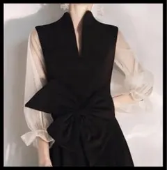 ロングワンピース フロントビッグリボン ブラック シースルー