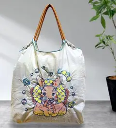 刺繍　エコバッグ ウサギ　グレー Mサイズ