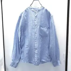 無印良品 リネン長袖シャツ バンドカラー 水色ストライプ　サイズL