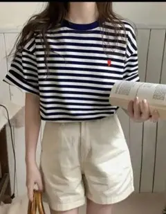 AKMK 奈斯 ネイビーボーダー ハート柄刺繍 Tシャツ M