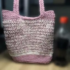 ハンドメイドかぎ針編みバッグ ピンクとクリーム　M