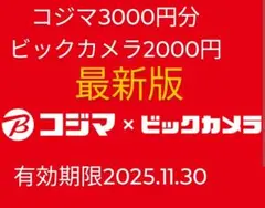 コジマ　3000円分　ビックカメラ 2000円分　株主優待券