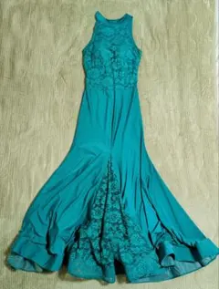 社交ダンス ドレス 青緑 ワンピース スタンダード パーティ デモ 競技ダンス