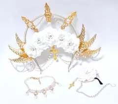 20cm ぬいぐるみ服　金　白薔薇　眼鏡　モノクル　ヘッドドレス　ネックレス