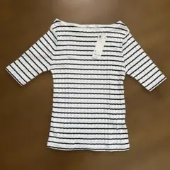 GU 五分袖ストライプリブTシャツ M オフホワイト　ボートネック