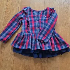 赤と青のチェック柄フリル長袖シャツ 100cm