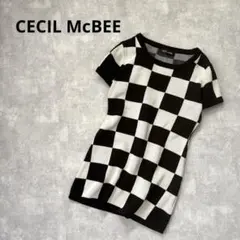 セシルマクビー【M】チュニックニットチェックモノトーン 半袖きれいめ通勤おでかけ