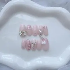 NO.418 ピンク ツイード フレンチガーリー 量産型 ワンホン ネイルチップ