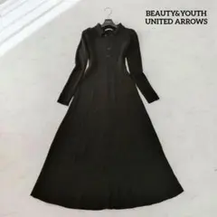 ビューティーアンドユース ウールリブニット ポロ フレア ワンピース Mブラック