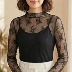 XL size大人可愛い♡ハイネック レース シアートップス 花柄 ブラック 黒