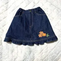 デニムフリルスカート 花柄刺繍 110cm バッグティアードフリル