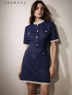 ネイビー 半袖ミニワンピース　ドレス　ツイード