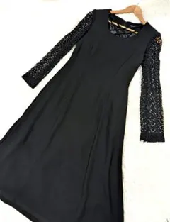 ロングドレス♥️Mサイズ 黒 レース 長袖 Aラインワンピース 刺繍 シースルー