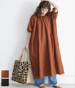 オレンジ 半袖シャツワンピース フリーサイズ