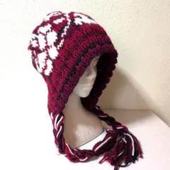 ハンドメイドレディース耳あて付きニット帽　バラクラバ　毛混　花柄