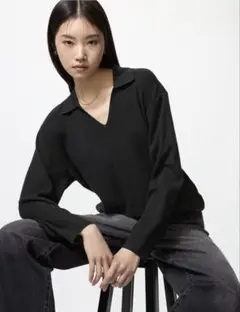 ウォッシャブルニットリブポロセーター ブラック