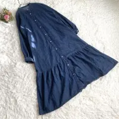 GU ジーユー　デニム　ロングワンピース　ギャザー切替　ティアード　ブルー　M