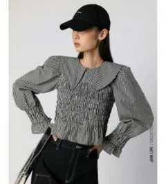 ZARA ギンガムチェックブラウス 長袖 フリル襟 Mのサムネイル