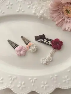 【3個セット】ハンドメイド　かぎ針編み　花　ぱっちんピン　フリル　鳥　リボン