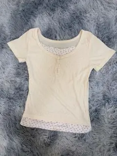レイヤード風 半袖Tシャツ アイボリー 花柄