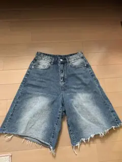 デニムショートパンツ フリンジヘム ブルー