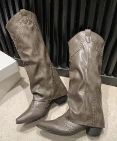 ブラウンスタッズ装飾ロングウエスタンブーツ