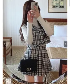 ツイードチェックベスト×プリーツスカートセットアップ[dk1279]