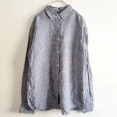 ユニクロ　プレミアムリネンチェックシャツ　前開き　ネイビー　チェック柄　L 羽織