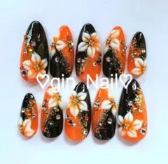 春様専用　和柄　オレンジ×黒ネイル　ネイルチップ　オーダー　成人式　袴　振袖