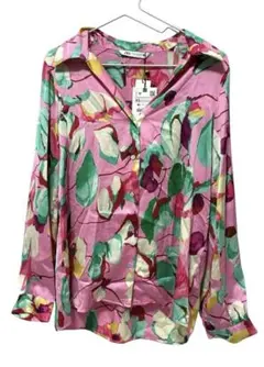 新品タグ付きZARA 花柄 長袖シャツ ピンク サイズ XS アロハ 総柄