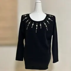 【one way】ビジュー付き黒長袖ニットセーター