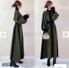 未使用 オリーブグリーン 長袖カットソーワンピース M 美シルエット