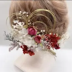 和装髪飾り　ヘッドドレス　水引×金箔　ゴールド　赤