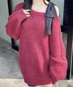 INGNI 肩出しニット・セーター レッド 肩リボン