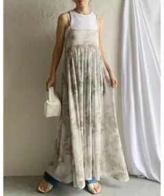 ぼかしプリントニュアンス柄リボン2WAYメッシュロングチュールキャミワンピース