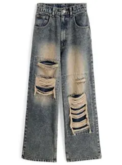 グレイル　GRL フェイクダメージストレートデニムパンツ[cu559]