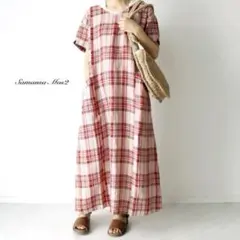 SamansaMos2新品タグ付き リネン半袖ワンピース レッドチェック