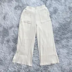 【GU】リブスリットワイドパンツ コーデュロイ ウエストゴム 細見M 白系