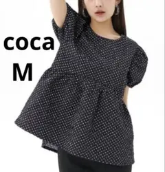 coca ドット柄 エンボス パフスリーブ 半袖 ブラウス Mブラックのサムネイル