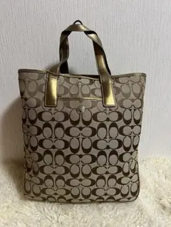 完売カラー！COACH トートバッグ ベージュ ブルー シグネチャー 肩掛けのサムネイル