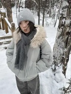 グレー ファー付きボンバージャケット ファージャケット ファーダウン ファー付き