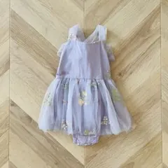 花柄刺繍付きチュールドレスロンパース 90cm ワンピース パープル リボン