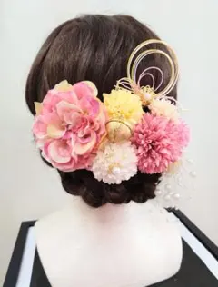 和装髪飾り　(淡ピンク黄ダリア)　結婚式　成人式　七五三　卒業式　謝恩会　振袖